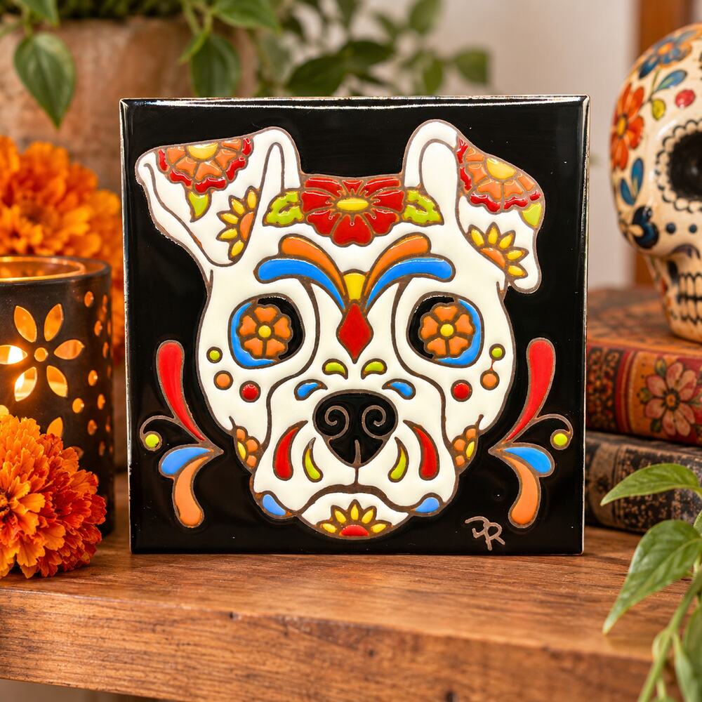 Handmade Ceramic Tile Sugar Skull Dog Wall Art Day of the Dead Folk Art